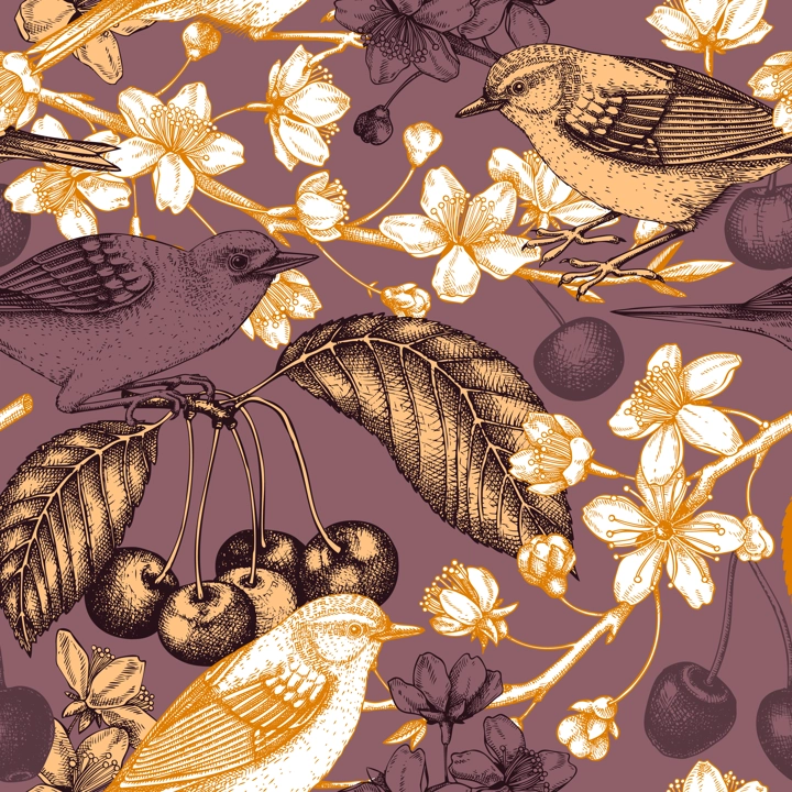 Cherry blossom branch seamless pattern. Vintage spring background with birds vector drawing. Blooming tree in sketch style, sakura with flowers, berries, leaves. Yellow warbler spring background 